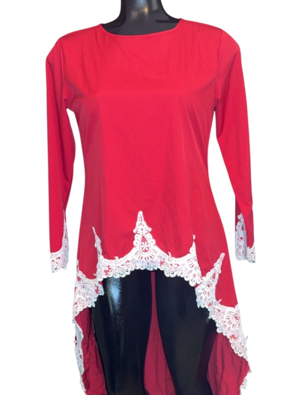 SHEIN Red Long-Sleeve Tunic with White Lace Trim- NWOT